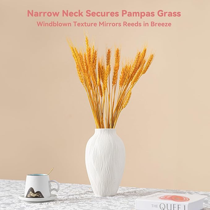 Windblown Texture Vase - White Matte Ceramic with Dynamic Lines, 9.2" Unique Flower Vase for Pampas Grass/Centerpieces, Decorative Farmhouse/Boho Vase for Living Room/Office, Ideal Gift for Minimalist