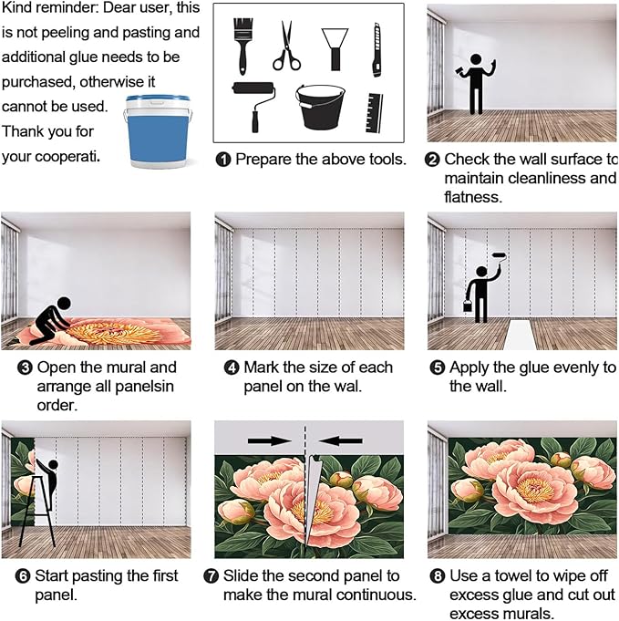 Peony Flower Wall Mural, Retro Pink Peony Flower 3D Wall Murals, Romantic Garden Theme Wallpaper Mural, for Living Room Bedroom Large Wallpaper Indoor Decor 98.4" W x68.9 H
