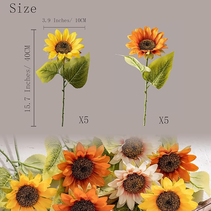 10 Pack Sunflowers Artificial Flowers - Realistic Fake Sunflowers for Home Decor, UV Resistant Silk Flowers for Wedding Centerpieces Farmhouse Office Outdoor Decoration (5 Yellow & 5 Orange)