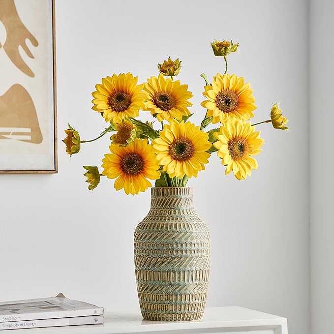 Modern White Ceramic Vase, Boho Flower Vases for Decor, 5.1" W x 8.7" H Modern Vase with Textured Pattern Table Centerpiece for Living Room Office Bedroom (Turquoise Vase)