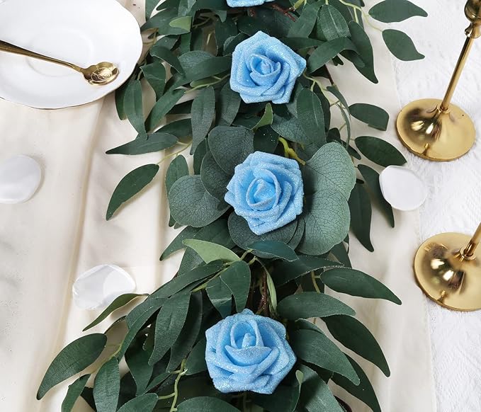 IPOPU Artificial Glitter Roses, 25pcs Foam Glitter Roses Glitter Flowers Foam Rose with Stem for DIY Wedding Bridal Bouquet Home Party Decoration(Light Blue)