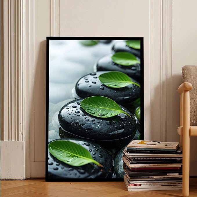 Glittering black stone cluster with fresh green leaves and water drops poster tranquil mist rain wall art zen wall art suitable for modern minimalist home decor 24x36in Metal blackFramed
