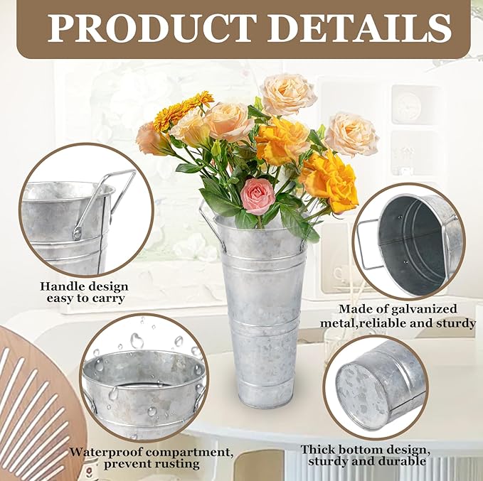 Set of 12 Small 10inch Flower Buckets for Flower Bar,Small Rustic Vase,Galvanized Bucket,Farmhouse Vase,Farmhouse Vases for Flowers (Silver,10'' Height,12pcs)