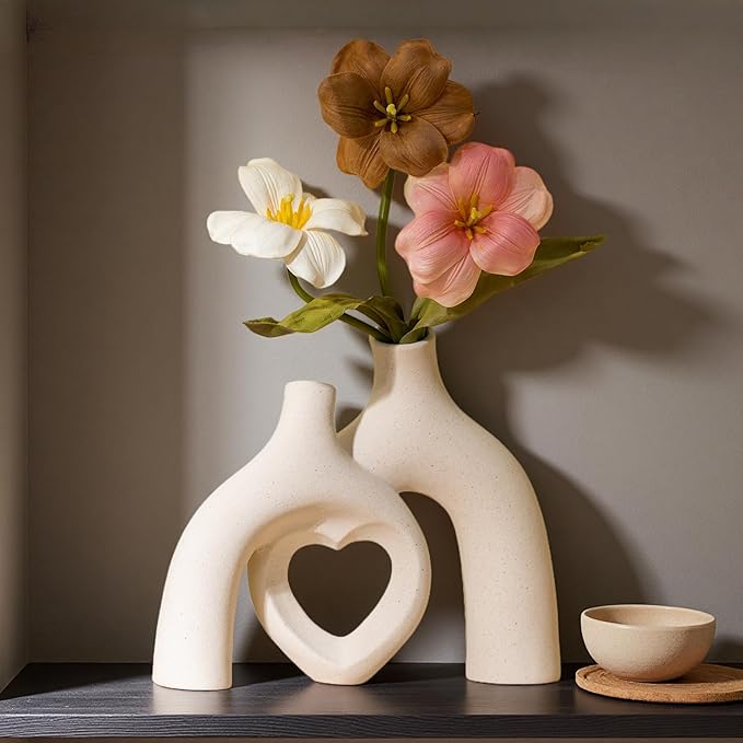 Snuggle Hollow Hug Donut Ceramic Vase, 8.3 Inch Modern Nordic Boho Style Aesthetic Decorative Flower Vases for Home Decor Pottery Barn Dining Living Room Table Shelf (Milky White)