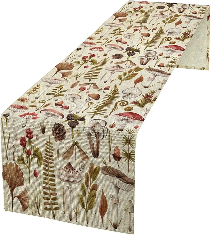 Vintage Mushroom Table Runner Rustic Botanical Plants Boho Wildflower Spring Summer Seasonal Dinner Runner for Farmhouse Kitchen Dining Table Decoration Cabin Home Holiday Party 13x36in