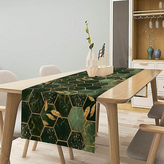 Hunter Green Marble Table Runner Abstract Dark Emerald Green Marble Hexagon Texture Golden Leaves Dinner Runner Table Decoration for Home Kitchen Dining Holiday Party 13x108in