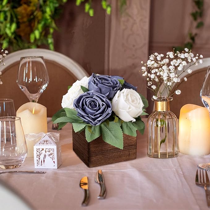 Dining Table Centerpiece Set of 3 - Pre-Made Aritifial Rose with Wooden Vase Fake Floral Arrangment Faux Flower for Wedding Bridal Tea Party Event Decorations - Navy Blue & White
