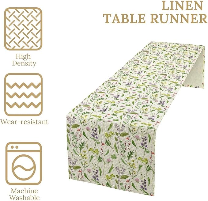Wildflower Table Runner, Watercolor Green Botanical Flowers Vintage Bohemian Design Table Runner for Kitchen Dining Home Party Home Decor , 13x36 Inch