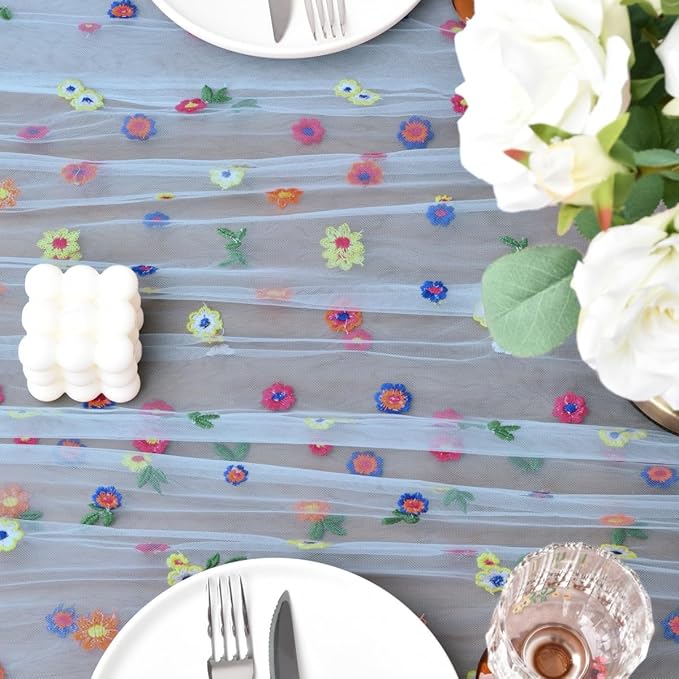 Joanlody Blue Embroidery Daisy Christmas Table Runner Florals Seasonal Tulle Table Runner Holiday Kitchen Dining Table Decoration Wedding Party