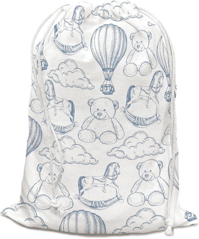 DSHFG Light Blue Chinoiserie Birthday Drawstring Gift Wrap Bags, Cute Chinoiserie Toy Bear Baby Shower Drawstring Gift Bags Canvas, Blue and White Small Happy Birthday Bag, 10x13 Inch