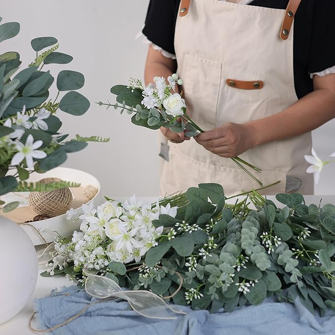 120 Pcs 4 Kinds Mixed Artificial Eucalyptus Leaves Stems Bulk Fake Silver Dollar Eucalyptus Bundle Faux Plants Greenery for DIY Bouquets Floral Arrangement Wedding Engagement Party Decor (Green)