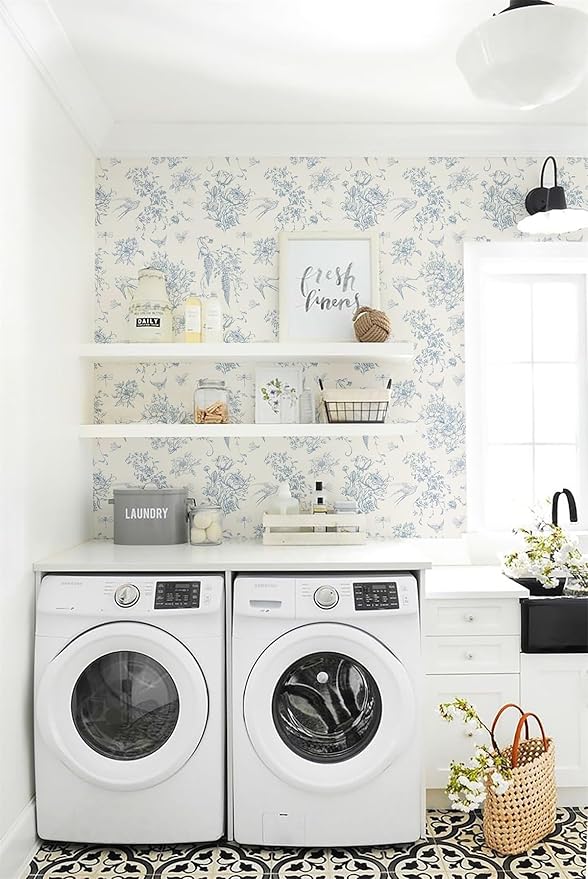 Cream White and Blue Peel and Stick Wallpaper Vintage Floral Contact Paper 16.9"x 196.8" Blue Floral Wallpaper Peel and Stick Birds Self Adhesive Removable Wall Paper for Bedroom Bathroom