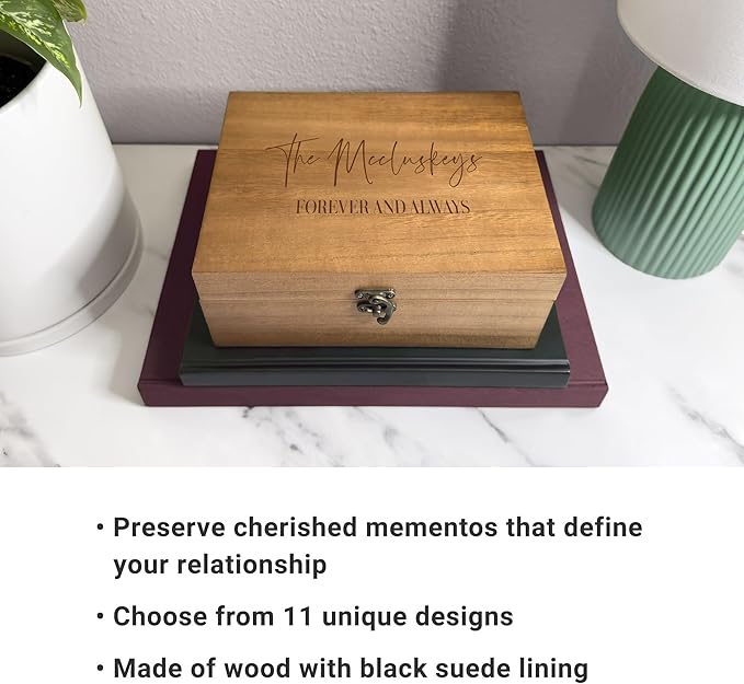 Let's Make Memories Personalized Wooden Keepsake Box With Hinged Lid - Wood Memento Box - Decorative Storage - Home Decor - For Couples, Wedding, Newlyweds - Laser Engraved - Love Script