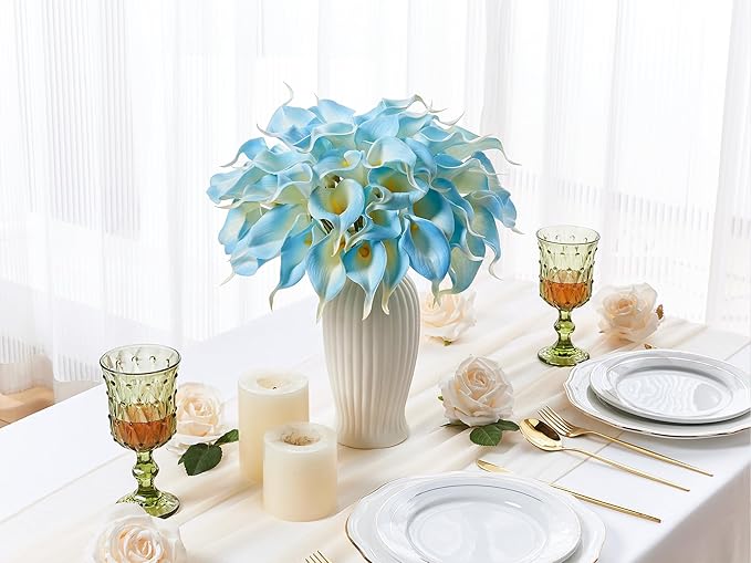 24 Pcs Artificial Calla Lily Flowers Light Blue Fake Silk Flowers Real Touch for Wedding Bouquet Office Home Kitchen Decor (White Blue)