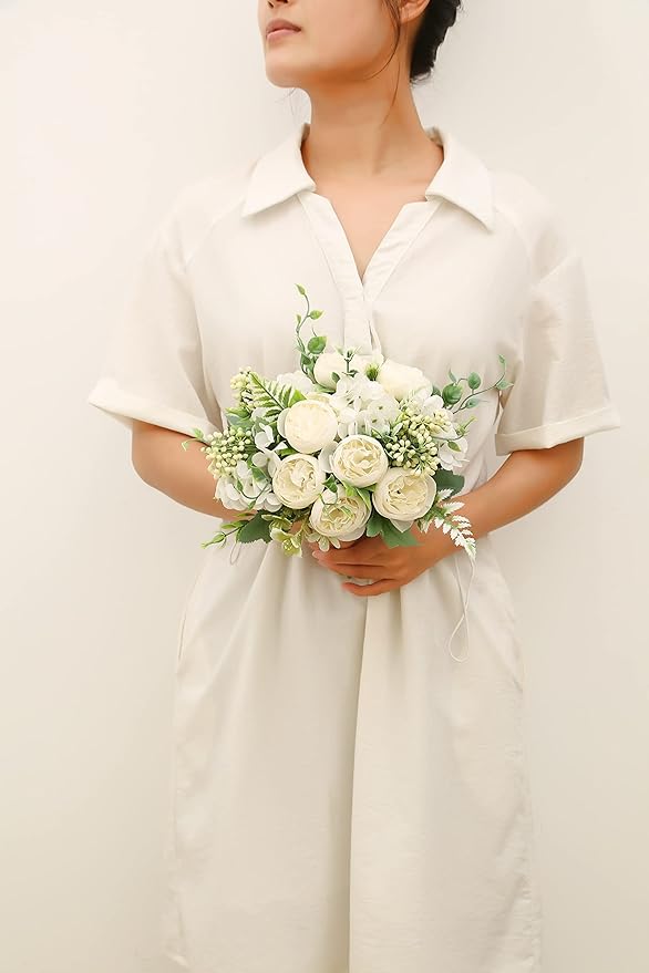 Artificial Flowers Fake Peony Silk Mini Plastic Bridal Flowers for DIY Wedding Bouquets Home Decorations 2 Packs(Cream)