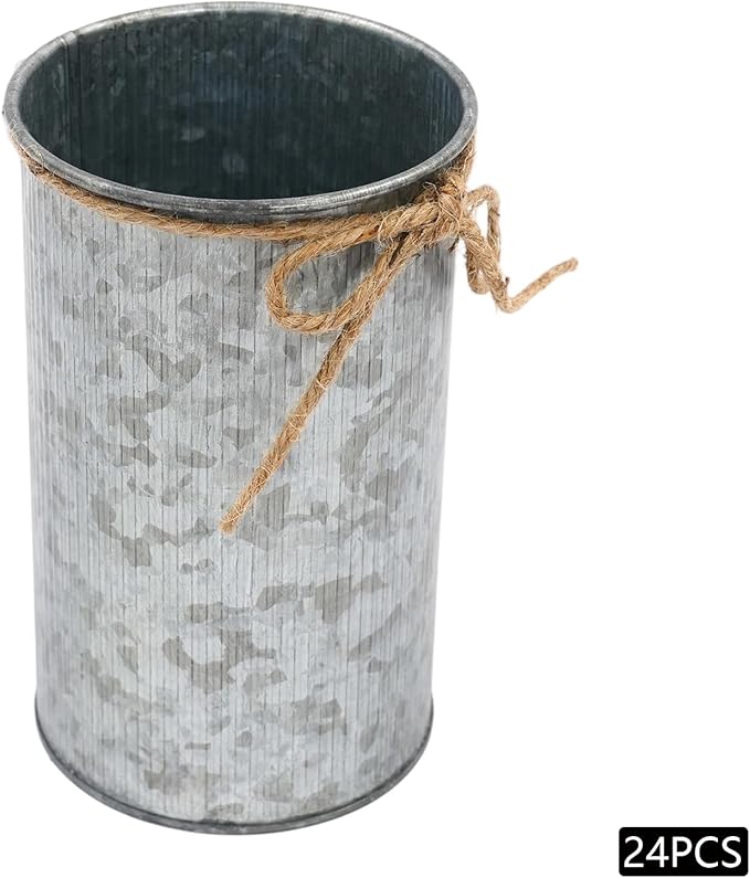 6inch High Farmhouse Vase Decor,Vintage Flower Vase with Twine Bow Rustic Metal Buckets for Artificial Flowers for Table Centerpiece Weddings