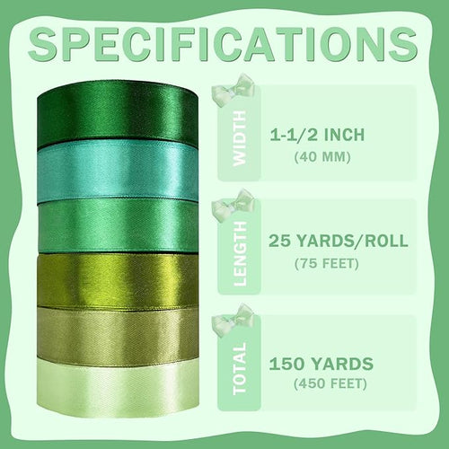 150 Yards Green Satin Ribbon 1-1/2 Inch 6 Rolls Assortment Ribbons for Crafts Gift Wrapping Flower Bouquet Wedding Invitations Birthday Party Festival Decoration Hair Bows