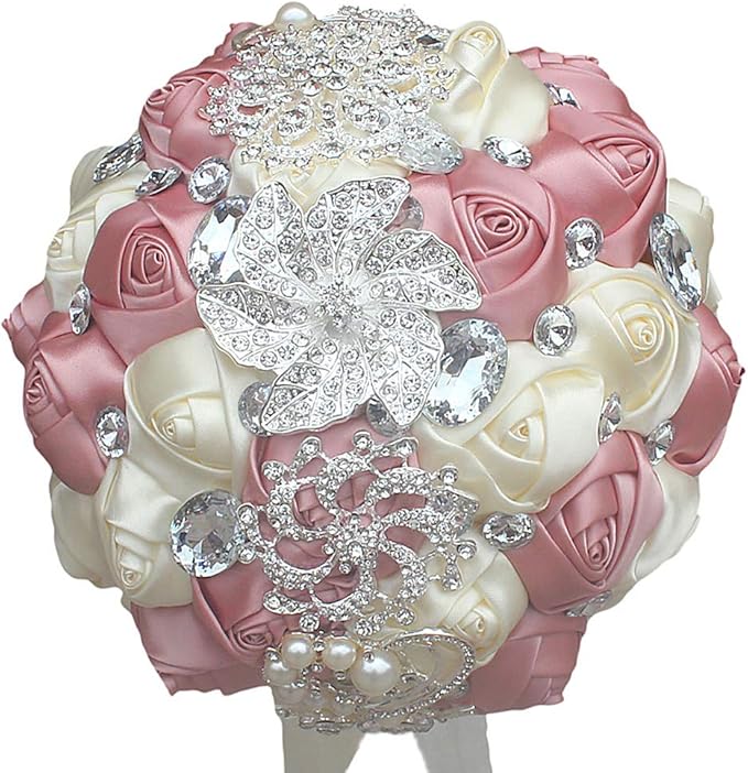 Wedding Bouquet Wedding Bouquets for Bride and Bridesmaid Artificial Silk Rose Bouquet for Wedding Occasion 7 inch Diameter, 9.8 inches Length 1pcs (Ivory+Pink)
