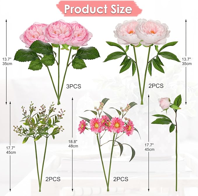 Hot Pink Flowers Artificial Peonies Silk Flowers with Stems 10PCS Realistic Fake Peony Daisies Long Faux Flowers for Vase Floral Centerpiece Arrangements Wedding DIY Bridal Bouquet Party Home Decor