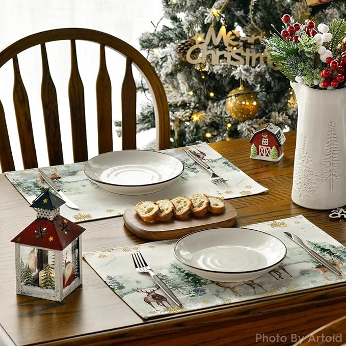 Artoid Mode Watercolor Deer Trees Snowflakes Christmas Placemats for Dining Table, 12 x 18 Inch Seasonal Winter Xmas Holiday Rustic Vintage Thanksgiving Washable Table Mats Set of 6