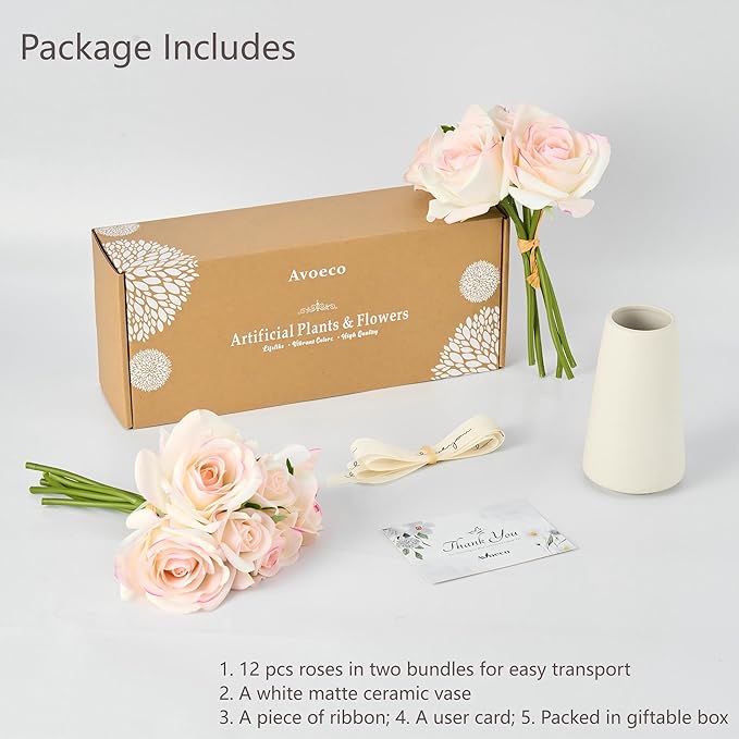12-Piece Faux Real Touch Rose Bouquet in Ceramic Vase, Fake Flowers in Vase, Artificial Flowers for Home, Wedding, Bridal Bouquet, Party & Dining Table Centerpiece Decor (Pink Edge, 10" High)