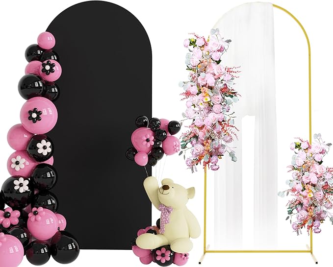 Putros 6ft Metal Arch Stand with Cover Black Spandex Fitted Wedding Arch Cover and Round Top Chiara Backdrop Stand Set for Birthday Party Baby Shower Decoration