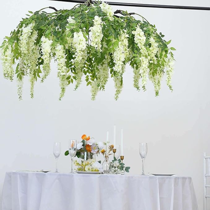 Efavormart 55" Cream Artificial Silk Wisteria Vine Round Hanging Canopy, Draping Garland Flower Chandelier with Interchangeable Branches