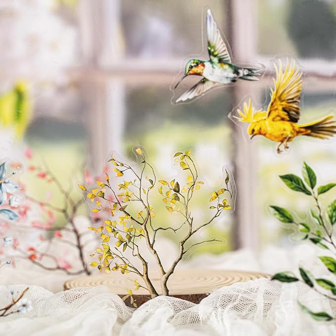 TIAMECH Flowers Birds Sing PET Stickers - 120 Pcs Feather Blossom Branch & Sparrow Pigeon Song Design, Waterproof Sticker for Journaling & Scrapbooking, Junk Journal Supplies, Ephemera & DIY Crafts