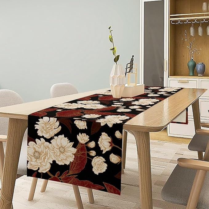 Red Gold Floral Table Runner, Boho Dark Flower Leaves Chinese Plum Blossoms Botanical Vintage White Gold Art Print Table Runner for Spring Holiday Decor, 13x90inch