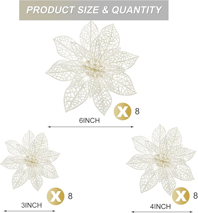 Boao White 24 Pieces Poinsettia Flower Christmas Glitter Artificial Poinsettia with Clips Christmas Tree Ornament Decorations for DIY Xmas Wreath Holiday Home Party Decor, 3/4/6 Inches