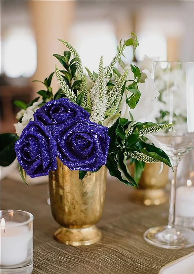 Glitter Foam Roses 30 PCS Royal Blue Roses Artificial Flowers Foam Flowers Glitter Roses with Stem Artificial Flowers for DIY Wedding Bridal Bouquet Party Centerpieces Decor(Royal Blue)
