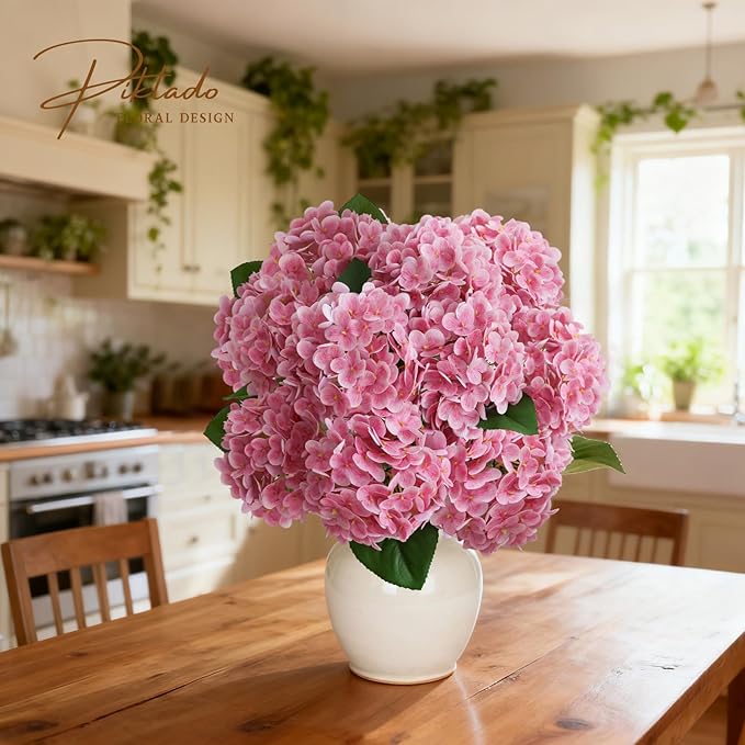 A Bunch 21in, Real Touch Hydrangea Artificial Flowers，,with 5pcs Flower Head 10pcs Leaves, Faux Hydrangea Flowers for Home Office Decor Wedding Party Arrangements (1, Pink)