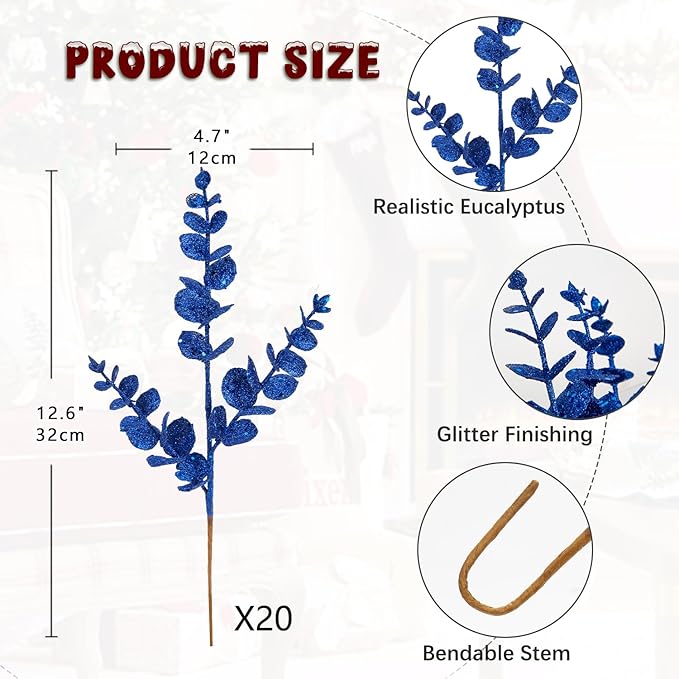 Hollyone 20 Pcs Glitter Christmas Tree Picks and Sprays Artificial Eucalyptus Branches 13" Blue Eucalyptus Leaves Picks Stems for Christmas Tree DIY Garland Wreath Crafts Home Decoration