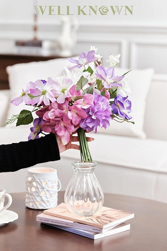 WELL KNOWN Artificial Flowers Silk Peony Flower Bouquet in Vase, Fake Flowers with Vase, Faux Flower Arrangements, Table Decorations for Living Room, Coffee Table Decor