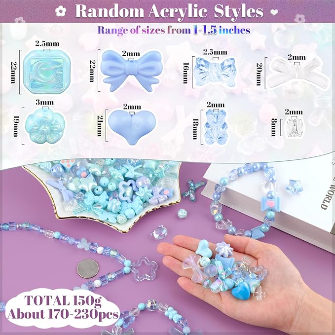 Assorted 200-260PCS Blue Acrylic Beads for Bracelet Making, Flower Bow Candy GummyBear Bracelet Charms,Cute Beads for Jewelry Making DIY Necklace Keychain Phone Charm Christmas Gift