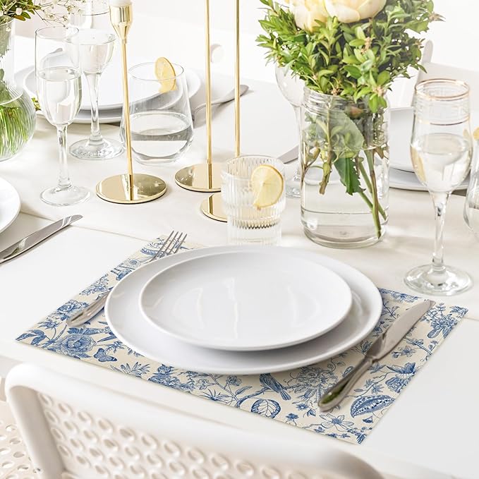 6Pcs Blue White Floral Placemats Flower Birds Branches Table Place Mats 12 x 18 in Vintage Non-Slip Heat Resistant Kitchen Dinner Mat for Home Dining Table Decoration