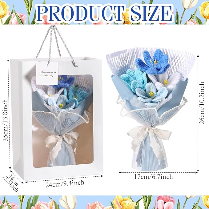 Crochet Flowers Bouquet Gift Christmas Crochet Flower Tulips Completed Handmade Knitted Bouquet with Card for Women Girlfriend Lover Appreciation Gift Birthday Wedding Teacher Decor(Blue)