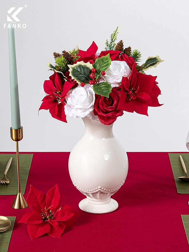 FANKO Christmas Artificial Flowers Rose: Red Poinsettias Artificial Fake Silk Red & White Rose Combo Set for DIY Tree Decor Xmas Wreath Floral Arrangements Centerpieces