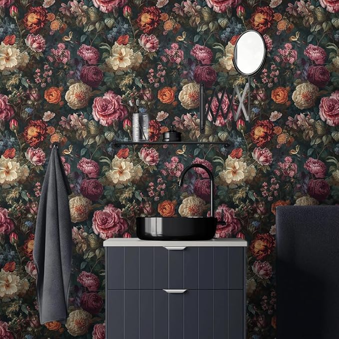 Vintage Dark Black Purple Red Flowers Leaf Botanical Floral Peel and Stick Wallpaper Easy Peel Off Contact Paper Stick on Adhesive Wall Paper for Bathroom Waterproof Renter Friendly