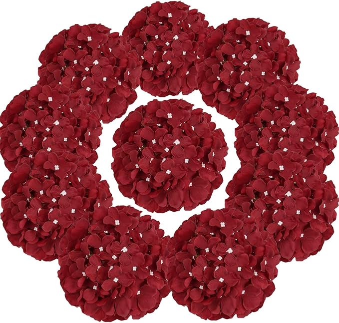 Flojery Silk Hydrangea Heads Artificial Flowers Heads with Stems for Home Wedding Decor,Pack of 10 (Burgundy)