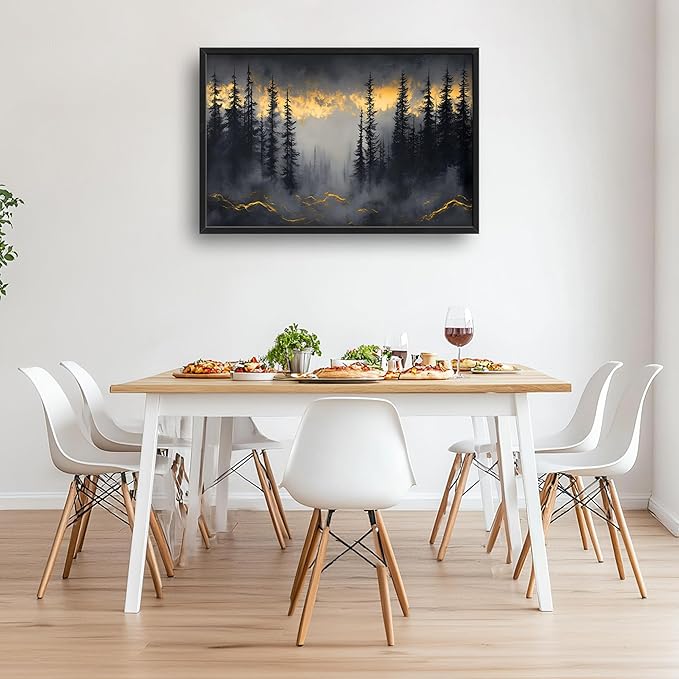 Misty Forests Large Decor Framed Wall Art Gold and Black Pictures for Living Room, Foggy Forest Landscape Oversized Canvas Print Painting Modern Extra Large Framed Artwork for Bedroom Office 36"x24"