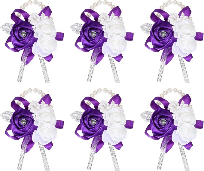MECCANIXITY 6Pcs Wrist Corsage Artificial Flower Bracelets Rose Wrist Bride Groom Decorative for Wedding Ceremony Prom Party Anniversary Purple