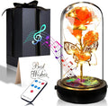 Birthday Rose Flower Gifts for Women, Glass Flower Gift for Mom from Daughter Son, Colorful Orange Light Up Rose in Glass Dome with Music Box for Her Wife Grandma