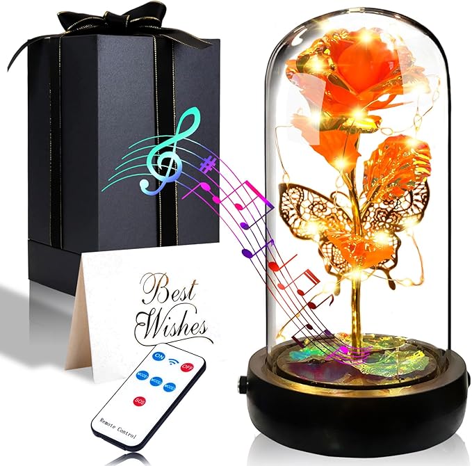 Birthday Rose Flower Gifts for Women, Glass Flower Gift for Mom from Daughter Son, Colorful Orange Light Up Rose in Glass Dome with Music Box for Her Wife Grandma