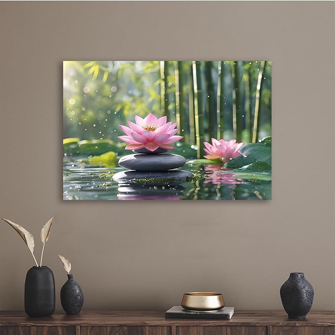 Ethereal pink lotus on obsidian Sunlit bamboo forest with sparkling water drops Poetic nature inspired wall art for tranquil homes and mindful spaces 8x12in Frameless