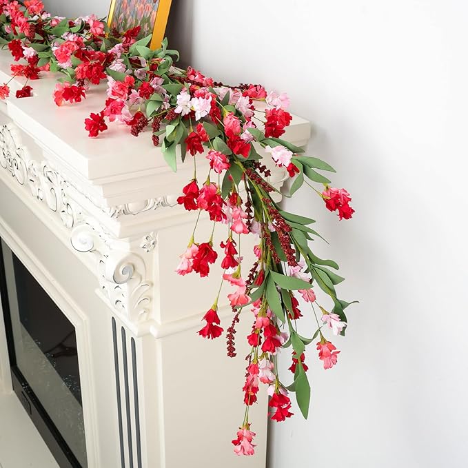 Artgar Flower Garland 6Ft Spring/Summer Garland Floral Garlands for Mantle All Year Round Paper Garlands Decor for Indoor Outdoor Home Wedding Arch Porch Staircase Backdrop Year Round Decor (Red Pink)