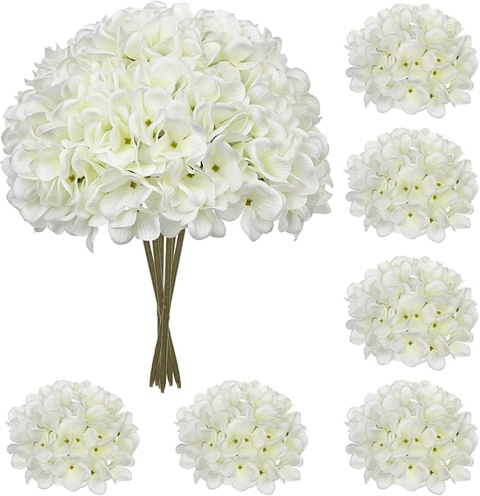 Hollyone 6 Pcs White Hydrangea Artificial Flowers with Stems Silk Faux Hydrangea White Fake Flowers for Home Indoor Outdoor DIY Floral Wedding Flower Bouquets Kitchen Table Centerpiece Decor
