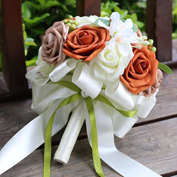 Lightweight Bridal Wedding Bouquet Round Holding Bouquet Throw Toss Artificial Rose Flower Bunch for Bride Bridesmaid Wedding Quinceanera (Cream, Coral & Rosy Brown, 7.9")