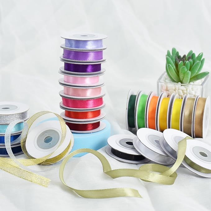 TONIFUL 16 Colors 80yds Satin Ribbon Rolls 3/8 Inch Thin Solid Fabric Ribbons for Gift Wrapping Invitation Floral Hair Balloons Bows Craft Sewing Party Wedding Birthday Decoration Bouquet(5yd/Roll)