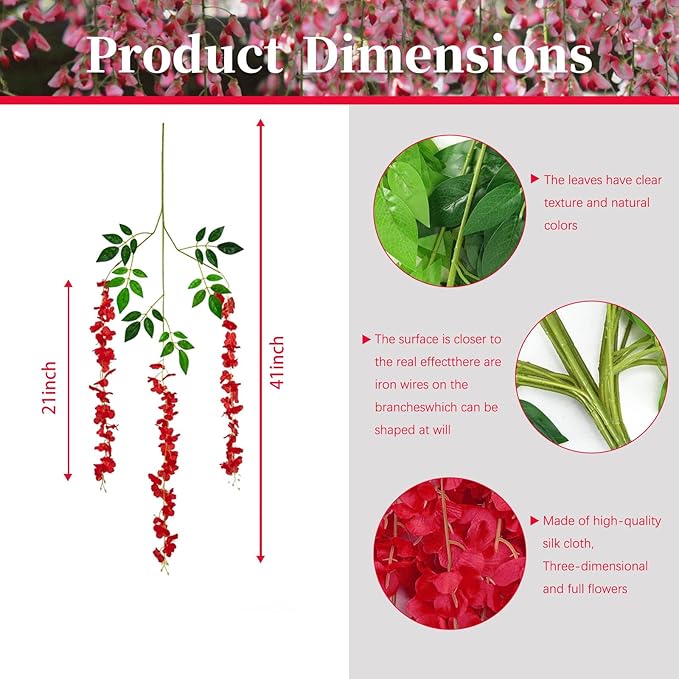 12 Pack Red Wisteria Hanging Flowers, 3.44 Ft Fake Hanging Flowers, Artificial Wisteria Garland Vines for Wedding Room Backdrop Outdoor Patio Garden Decoration